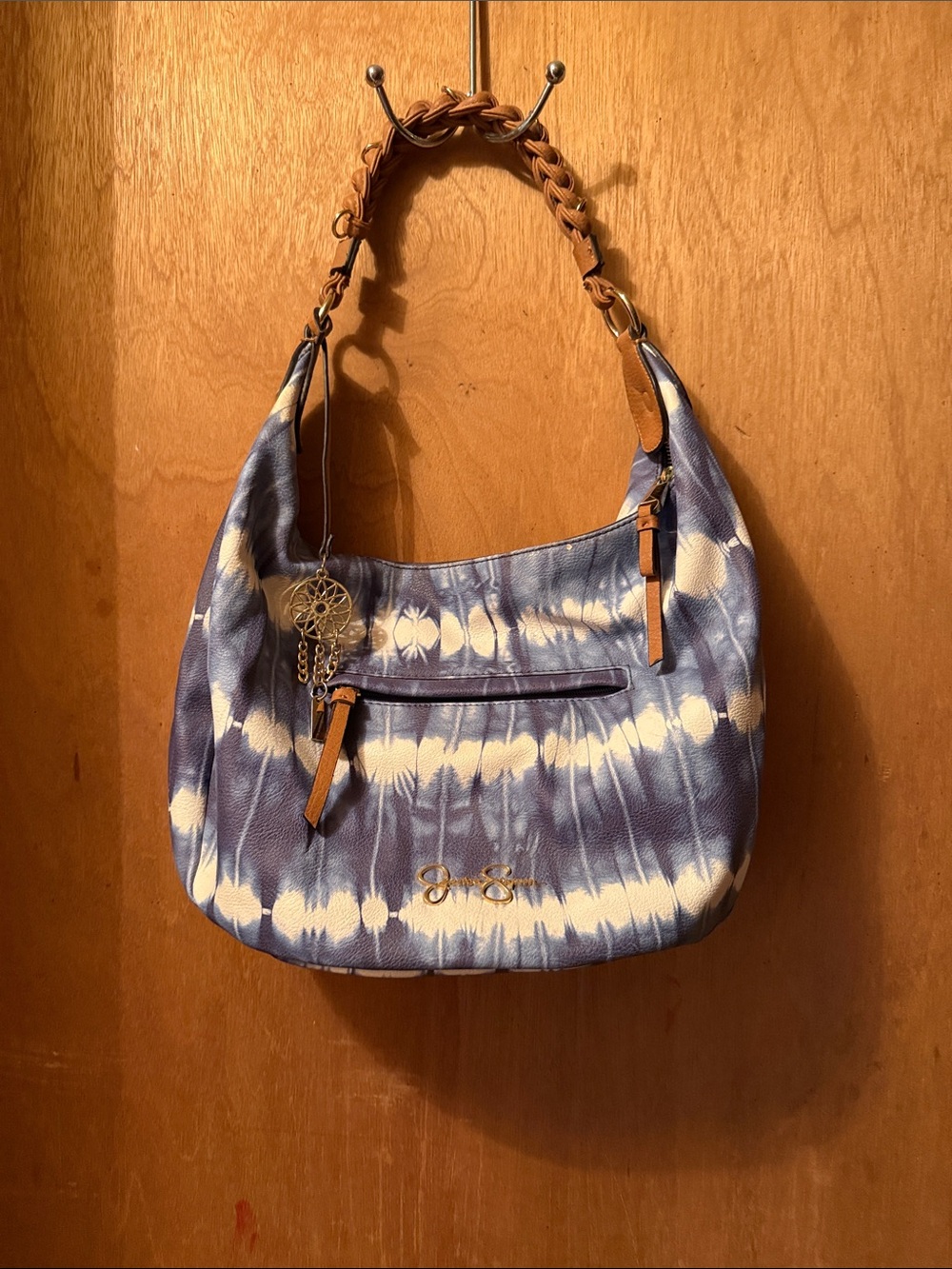 Jessica Simpson Blue and White Tie-Dye Hobo with Braided Tan Strap
